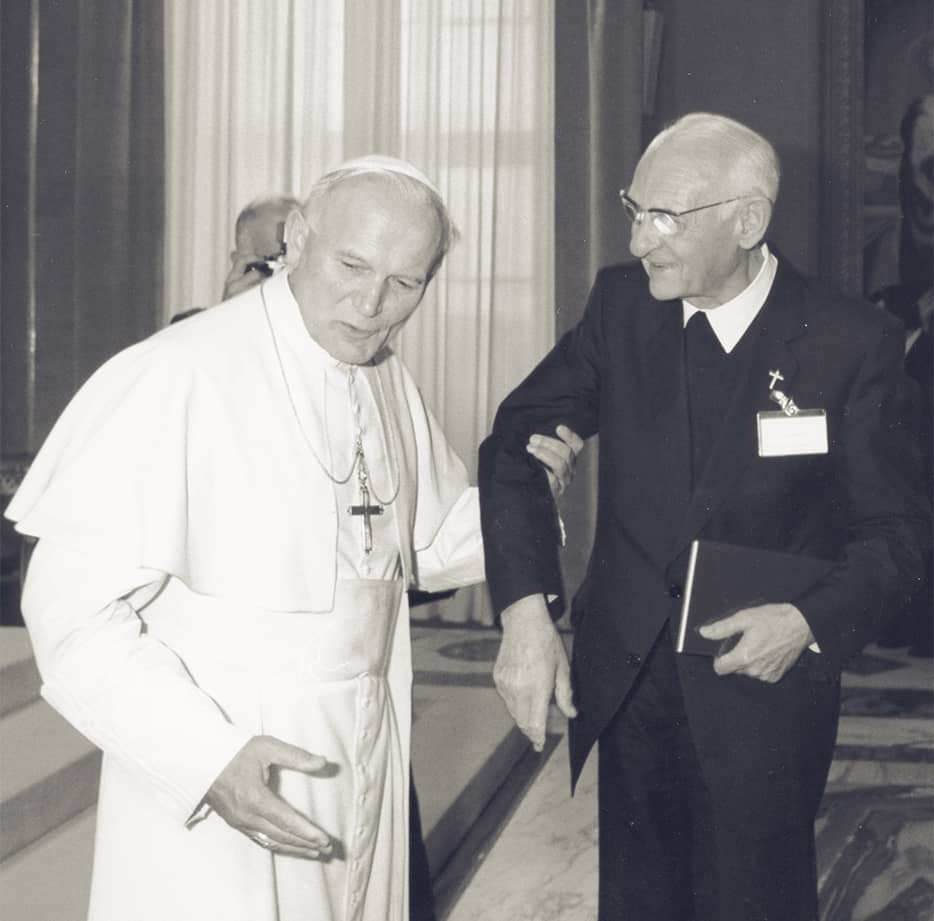 Balthasar with John Paul II during an international symposium on the ecclesial mission of Adrienne von Speyr organized at the Pontiff’s behest (1985)