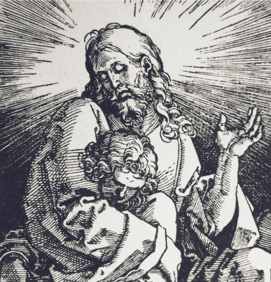 Detalle de la estampa de la ordenación sacerdotal de p. Balthasar: Juan en el pecho de Jesús durante la Última Cena (A. Durero)